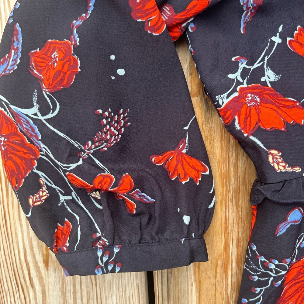 MADEWELL Silk Ruffle-Waist Dress in Windblown Poppies 3/4 sleeve mini SZ 12 EUC - Picture 4 of 15